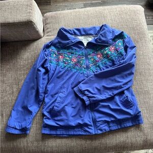 Adolfo Blue Embroidered Zip-Front Bomber Jacket